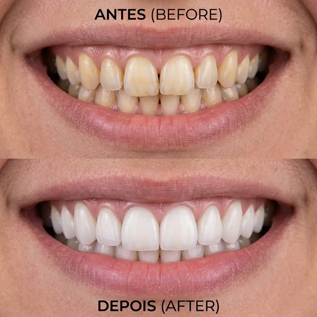 Antes e depois de tratamento odontológico na Prévia Dentista